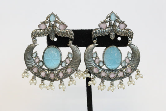 Carved Stone Chandbaali - Ice Blue