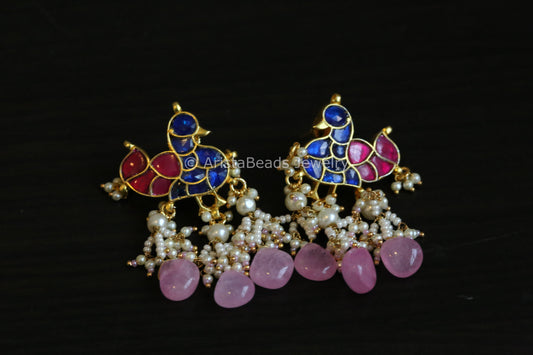 Blue Ruby Pachi Bird Earrings