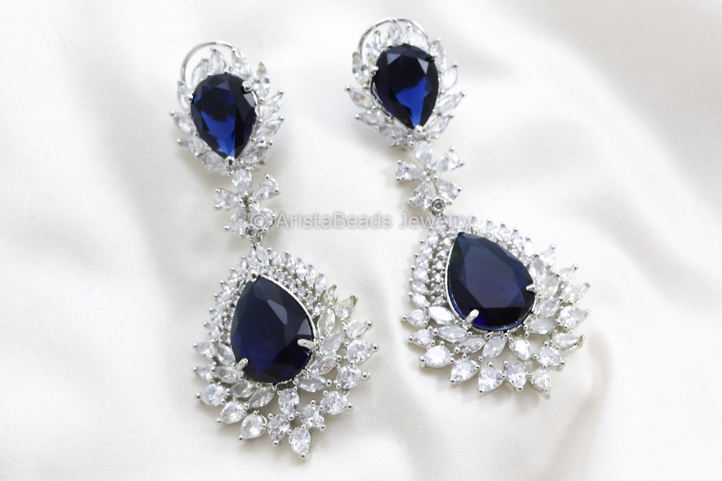 Large Sapphire CZ Earring in Silver Finish