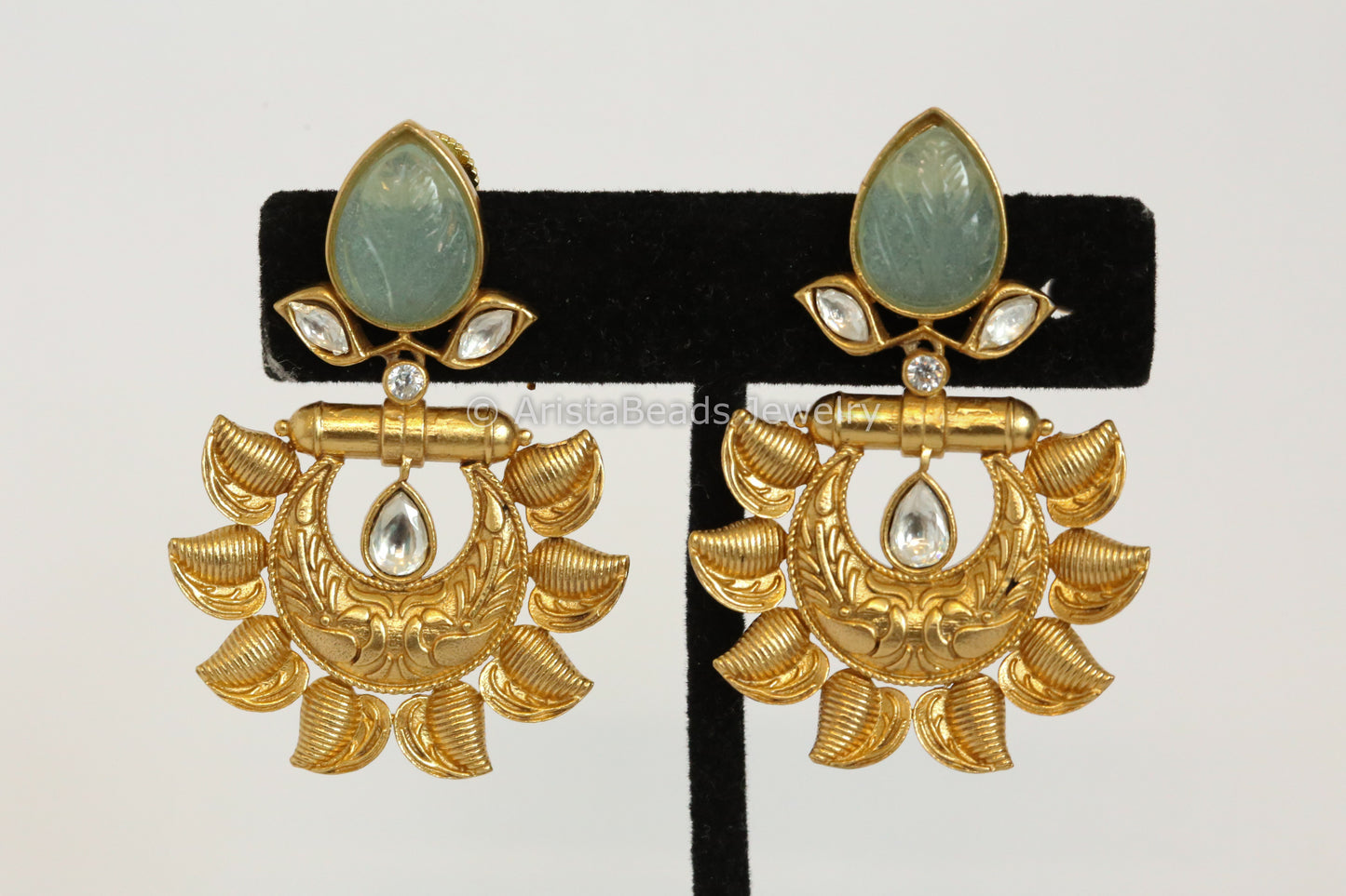 Small Carved Stone Chandbaali - Mint
