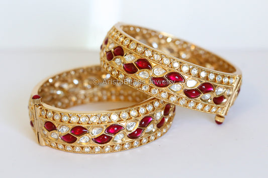 Premium Quality Polki Kundan Bangle Set - Ruby