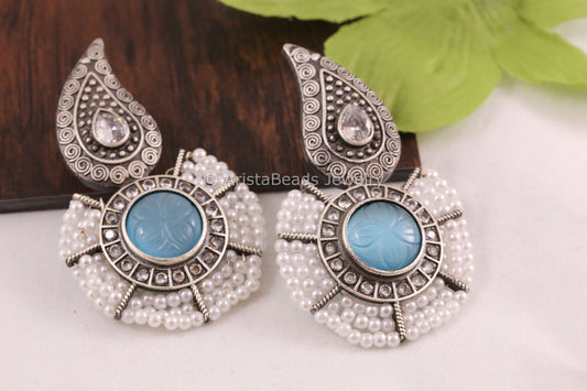 Carved Stone Silver Look Earrings - Blue