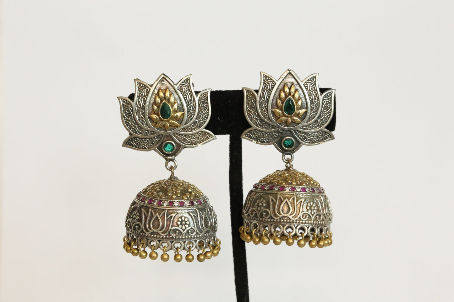 Dual Tone Oxidized Lotus Jhumka - Green