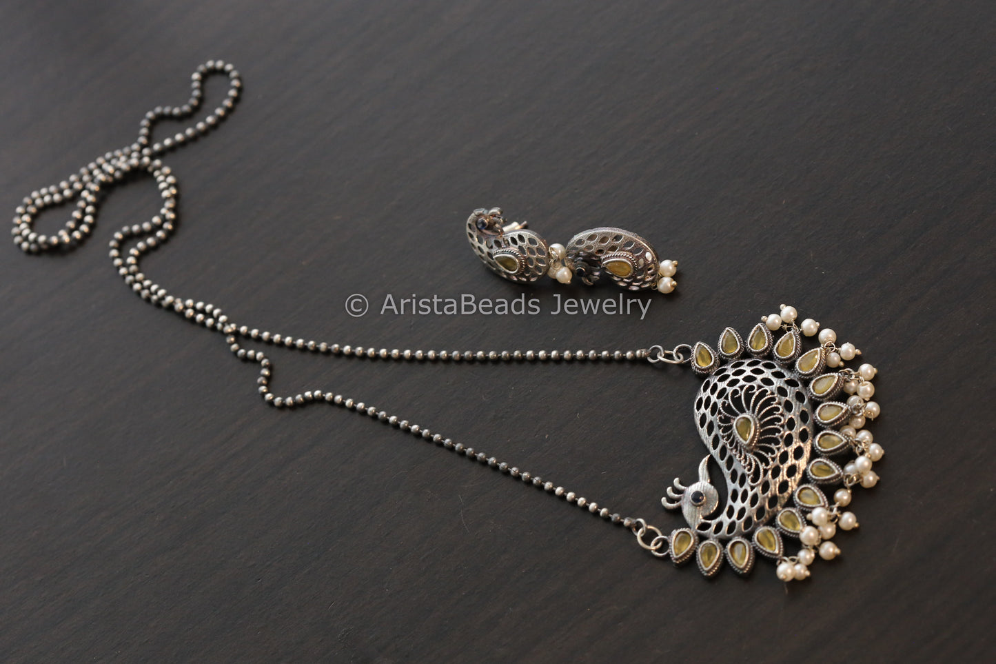 Oxidized Peacock Necklace Set - Yellow
