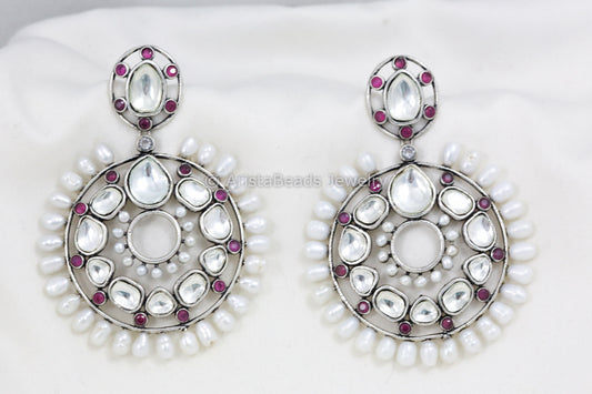 Silver Finish Real Pearl Kundan Earrings