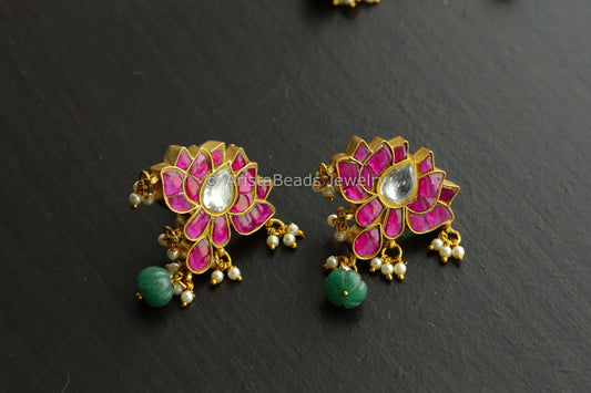 Silver Look Kundan Jadau Lotus Earrings - Ruby Clear