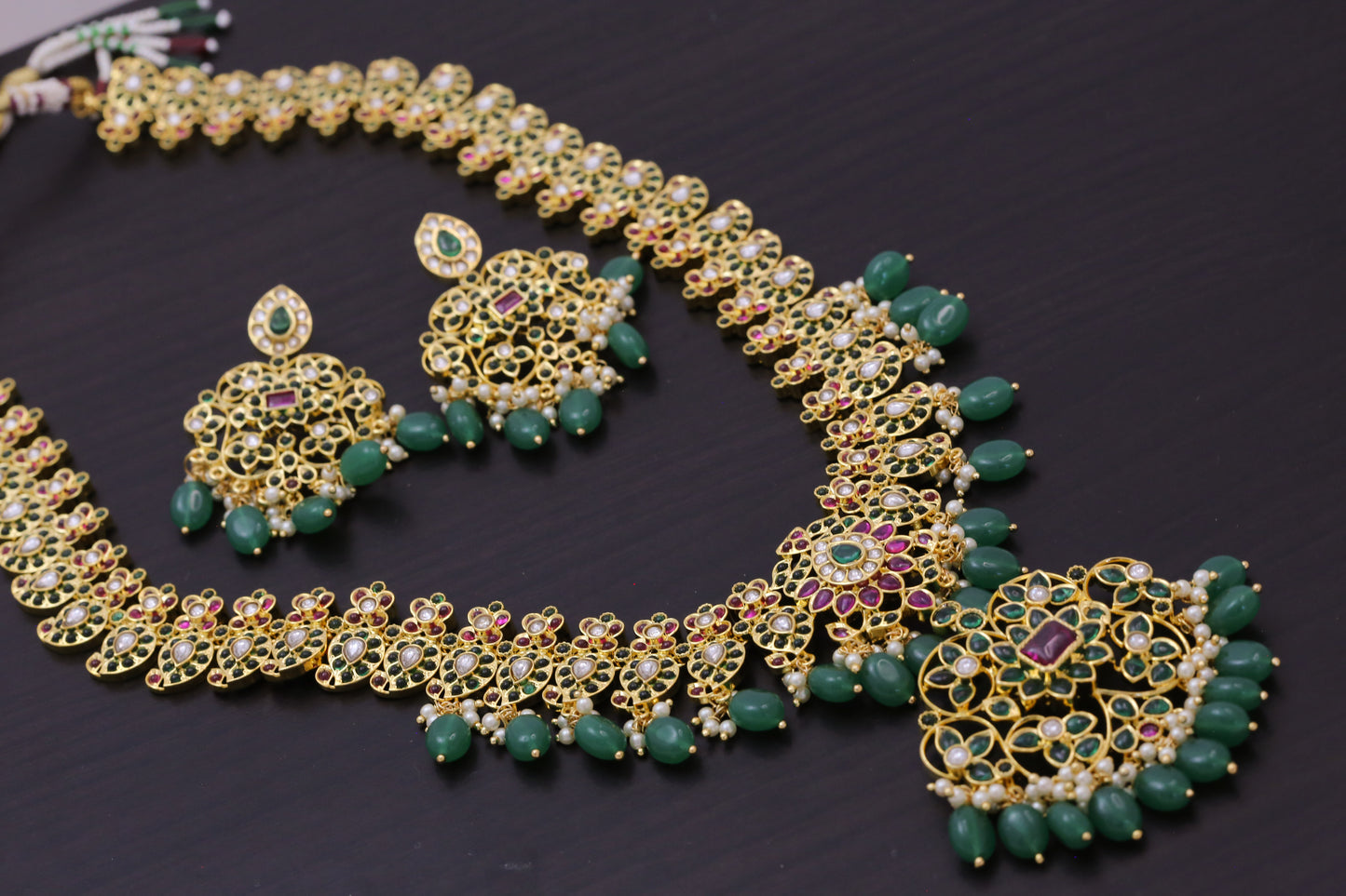 Long Gram Gold Kemp Stone Mango Necklace Set - Green