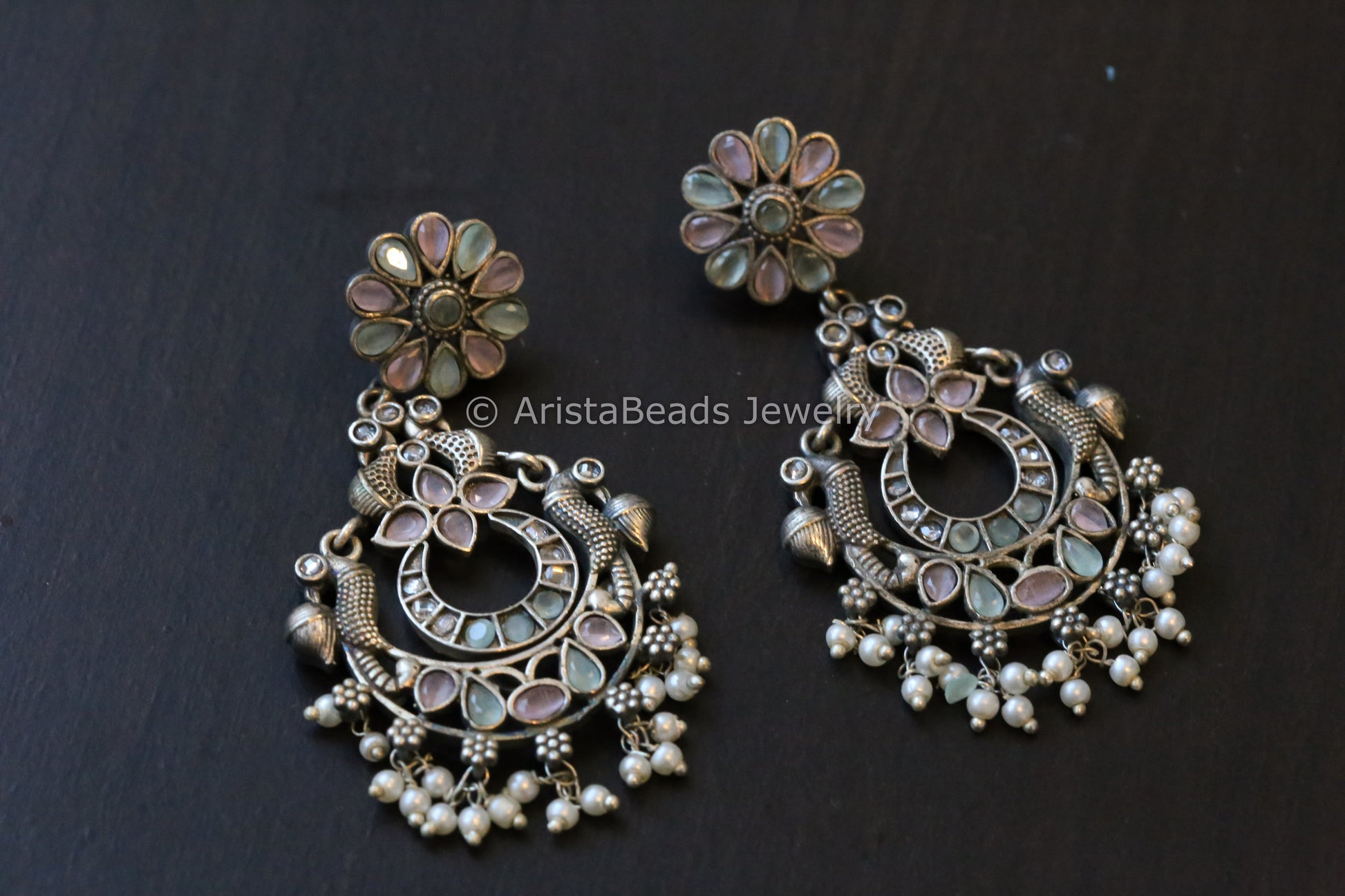 Oxidized Silver Look Chandbaali - Mint Pink