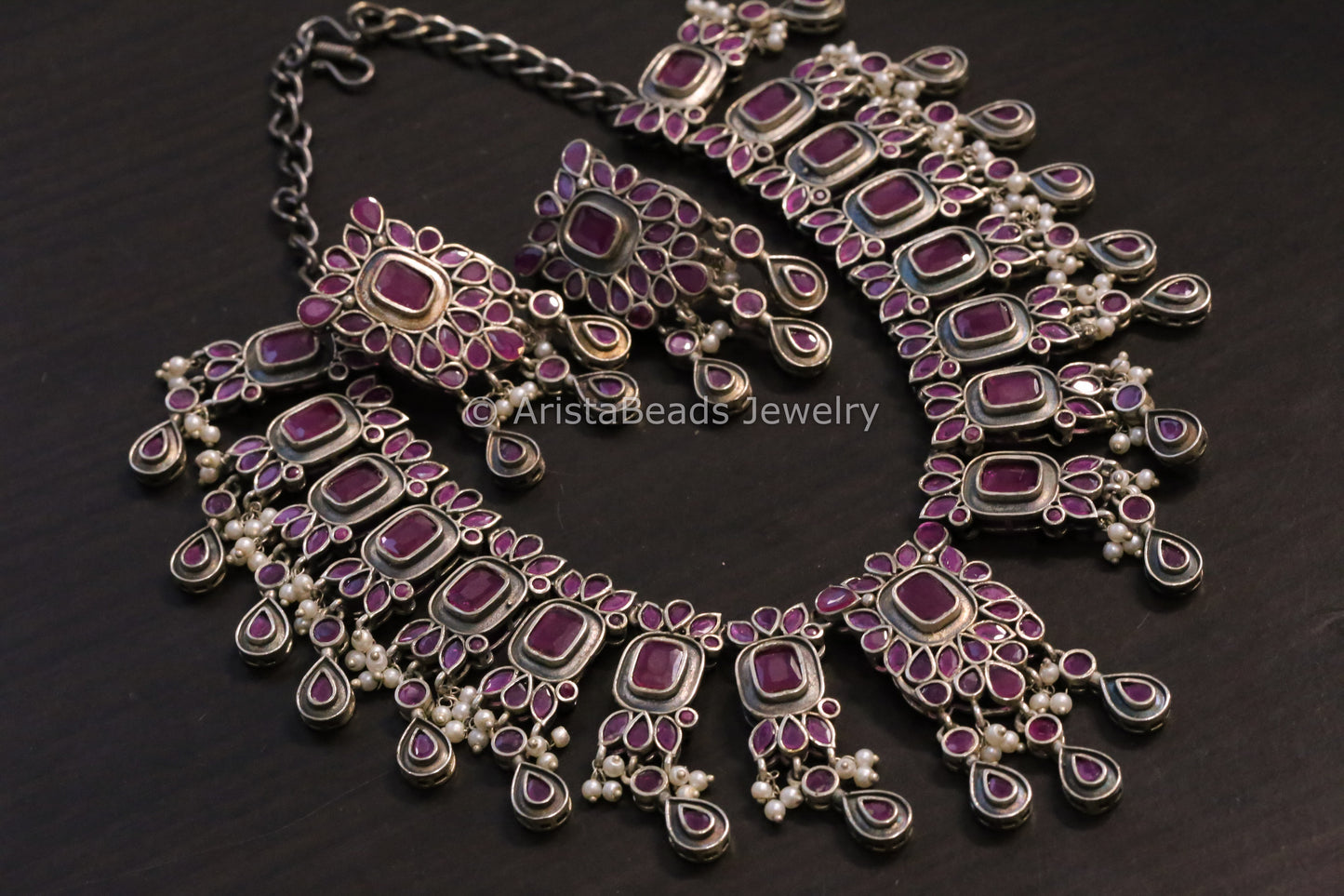 Silver Tone Oxidized Necklace Set -Ruby