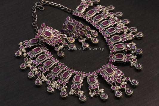 Silver Tone Oxidized Necklace Set -Ruby