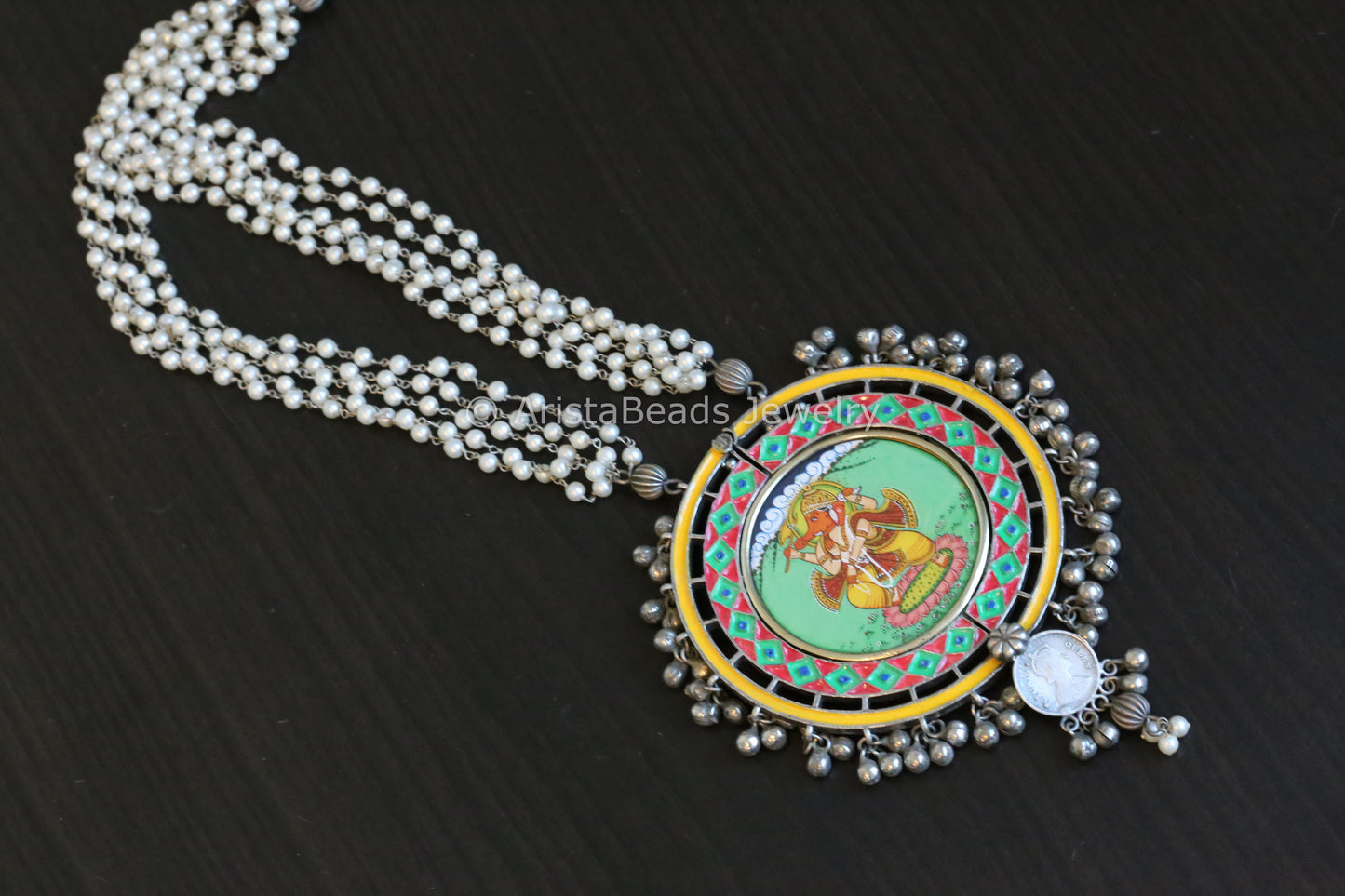 Reversible Oxidized Hand-Painted Enamel Pearl Necklace