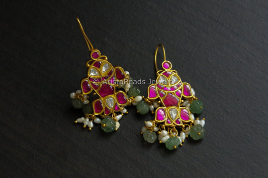 Silver Look Alike Kundan Earrings With Rice Pearls -  Ruby