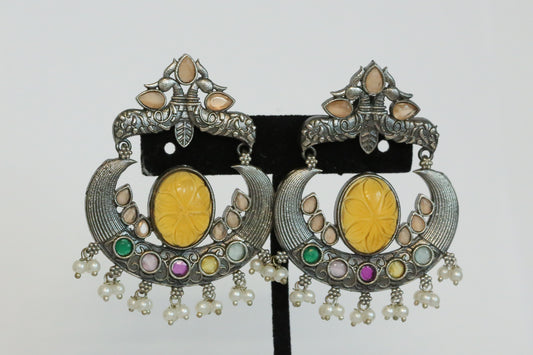 Carved Stone Chandbaali - Mustard Yellow