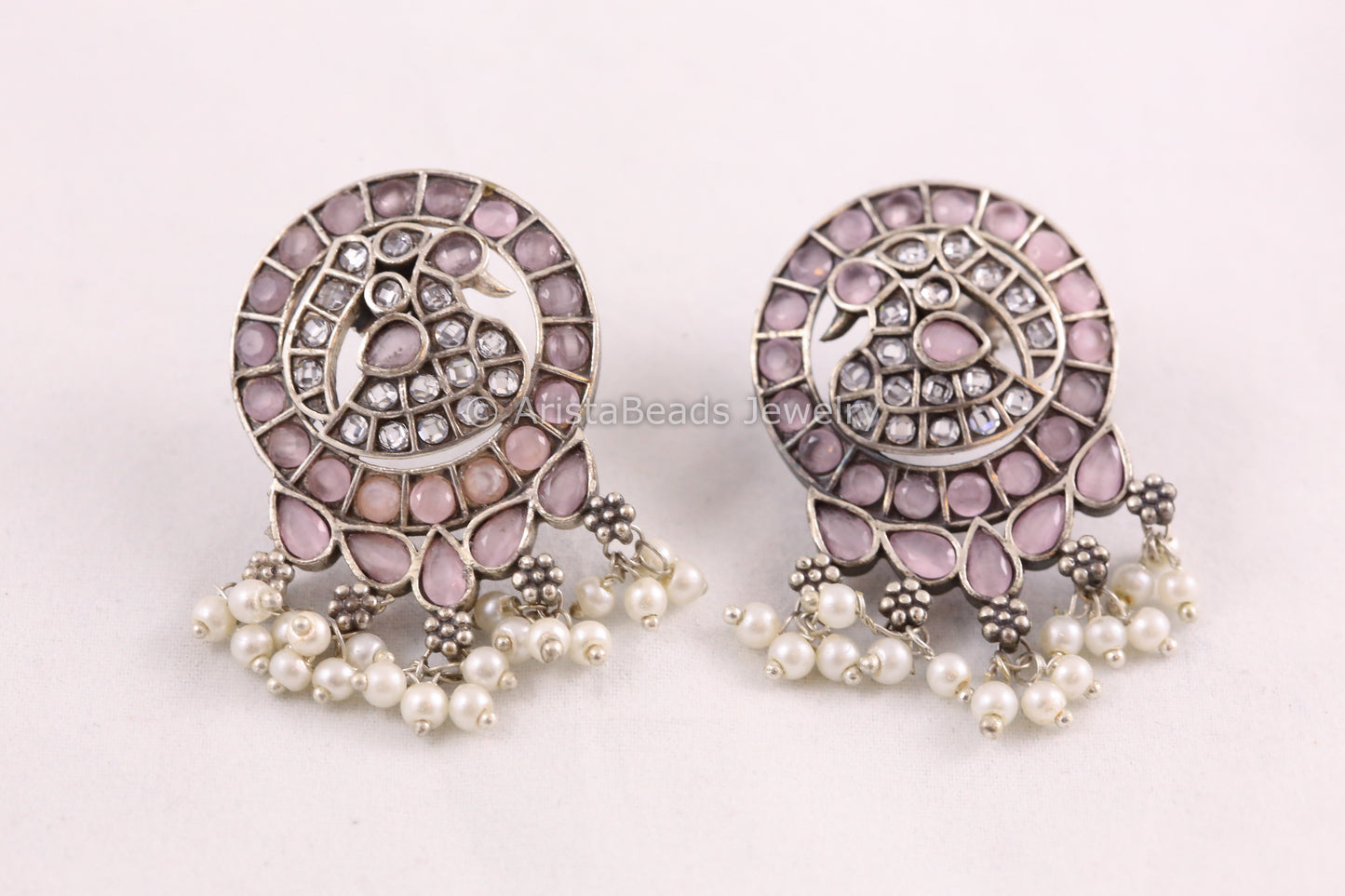 Jadau Look CZ Oxidized Earrings - Pink