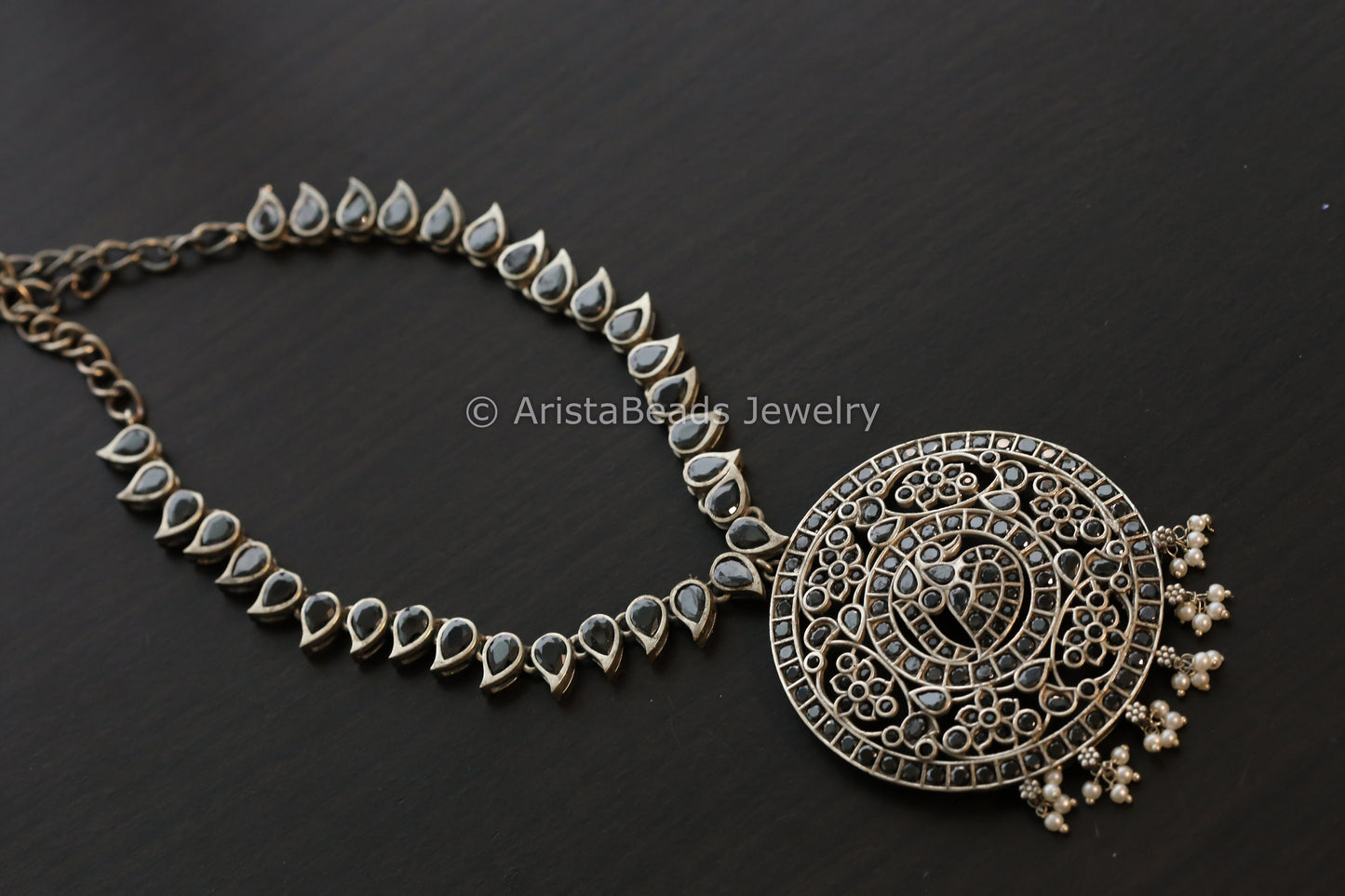 Jadau Look Alike Oxidized CZ Peacock Necklace - Black