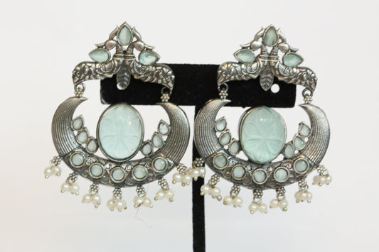 Carved Stone Chandbaali - Mint