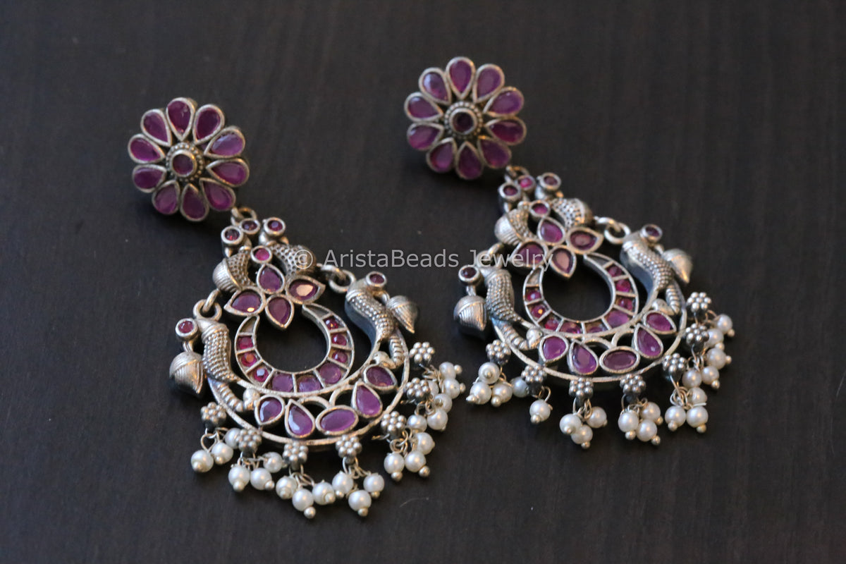 Oxidized Silver Look Chandbaali - Ruby