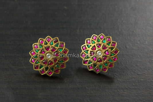 Handmade Jadau Ruby Emerald Studs