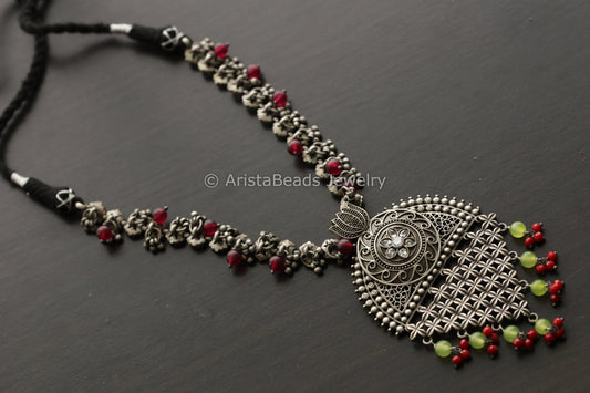 Silver Look Green Red Necklace