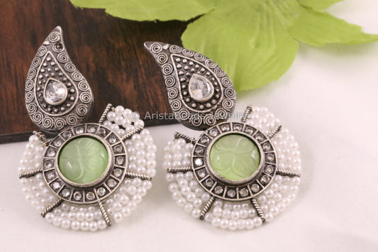 Carved Stone Silver Look Earrings - Green