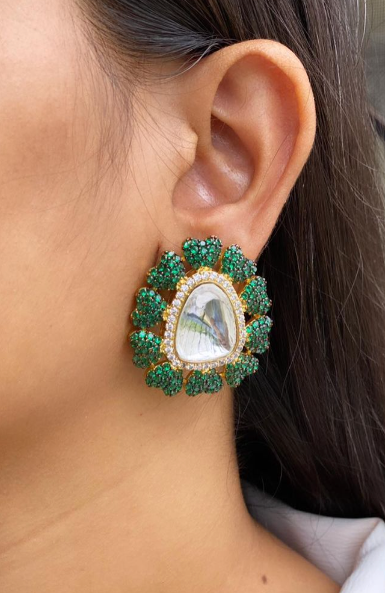 Micro CZ Victorian Dual Tone Studs - Emerald