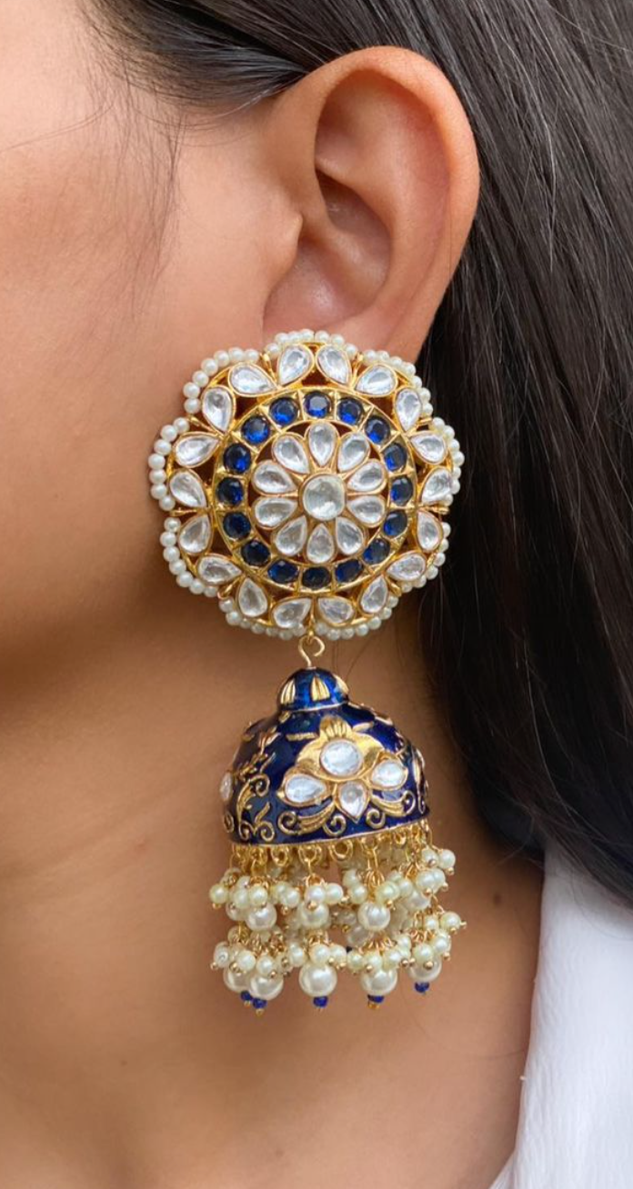 Extra Large Uncut Kundan Enamel Jhumka - Blue