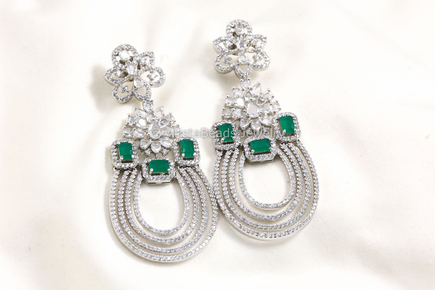 Contemporary Silver Finish Emerald Chandbaali