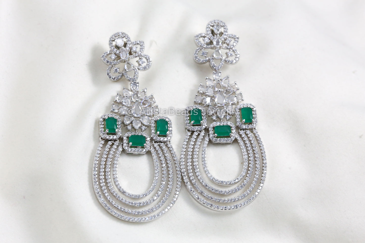 Contemporary Silver Finish Emerald Chandbaali