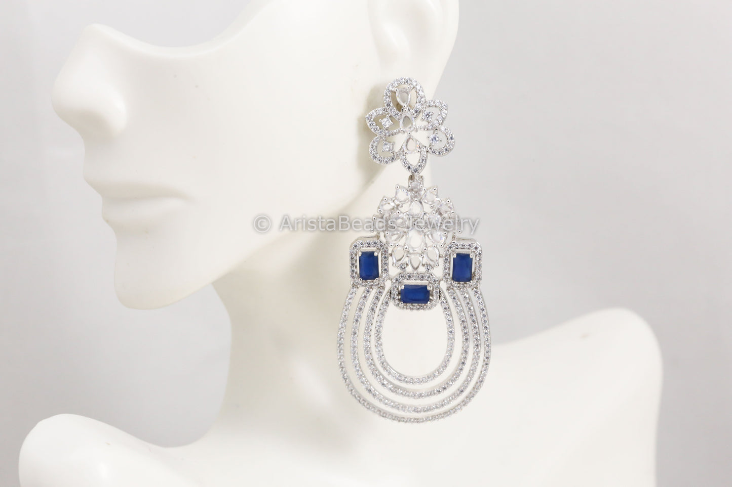 Contemporary Silver Finish Blue Chandbaali