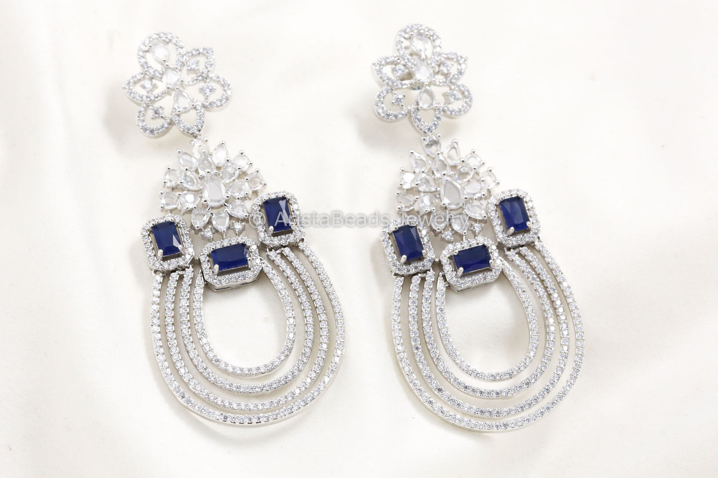 Contemporary Silver Finish Blue Chandbaali
