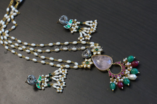 Dual Tone Jadau Kundan & Rose Quartz Necklace