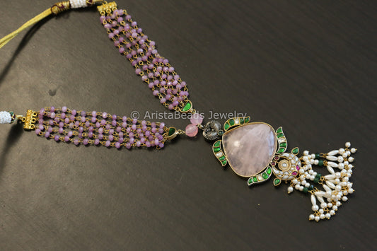 Dual Tone Jadau Kundan & Rose Quartz Beaded Necklace