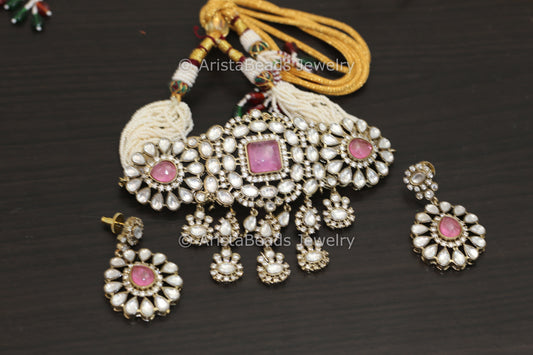 Victorian Polki, CZ & Doublet  Set - Pink