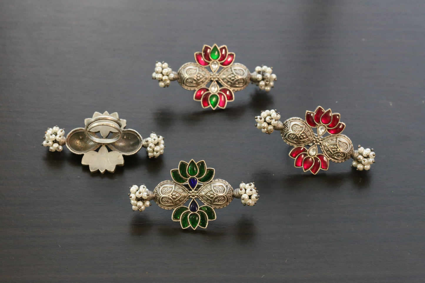 Large Silver Finish Jadau Rings (Adjustable) - Design 5