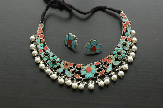 Silver Finish Jadau Kundan Hasli Necklace Set - Coral Turquoise