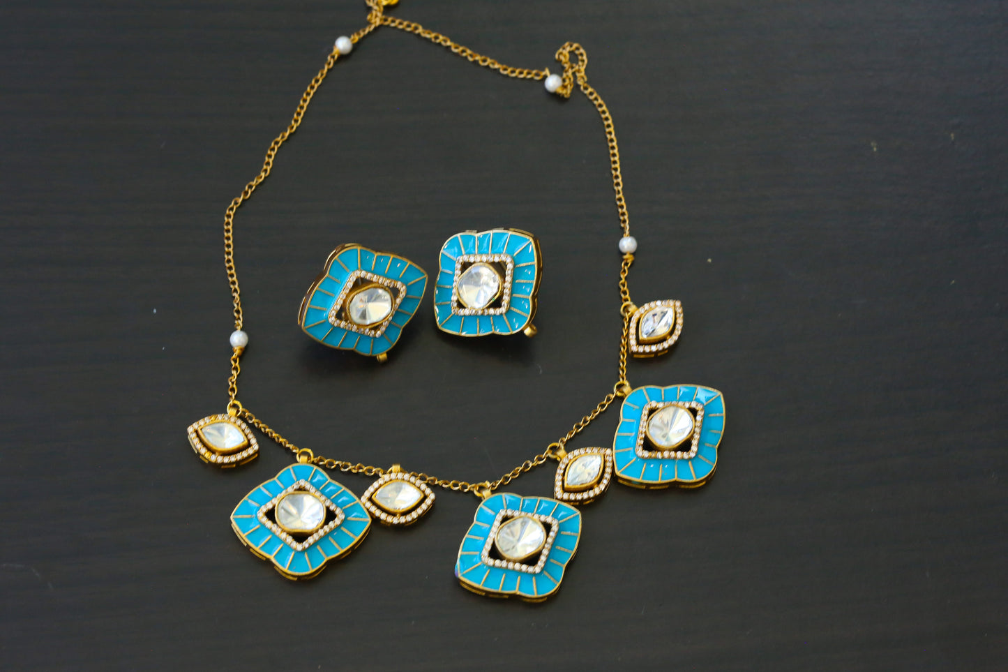 Premium Enamel & Moissanite Look Polki Set - Turquoise