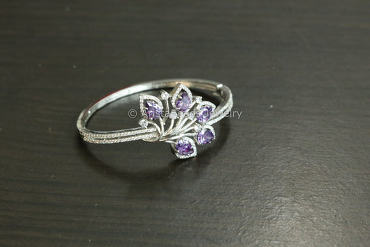Silver Finish CZ Bangle Bracelet - Purple (Openable)
