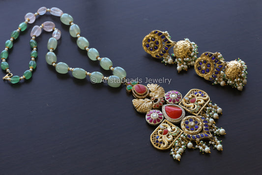 Designer Jadau Kundan Fusion Necklace Set - Coral