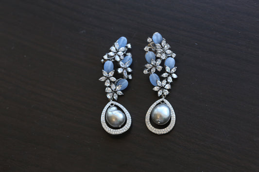 Contemporary CZ & Real Pearl Earrings- Blue