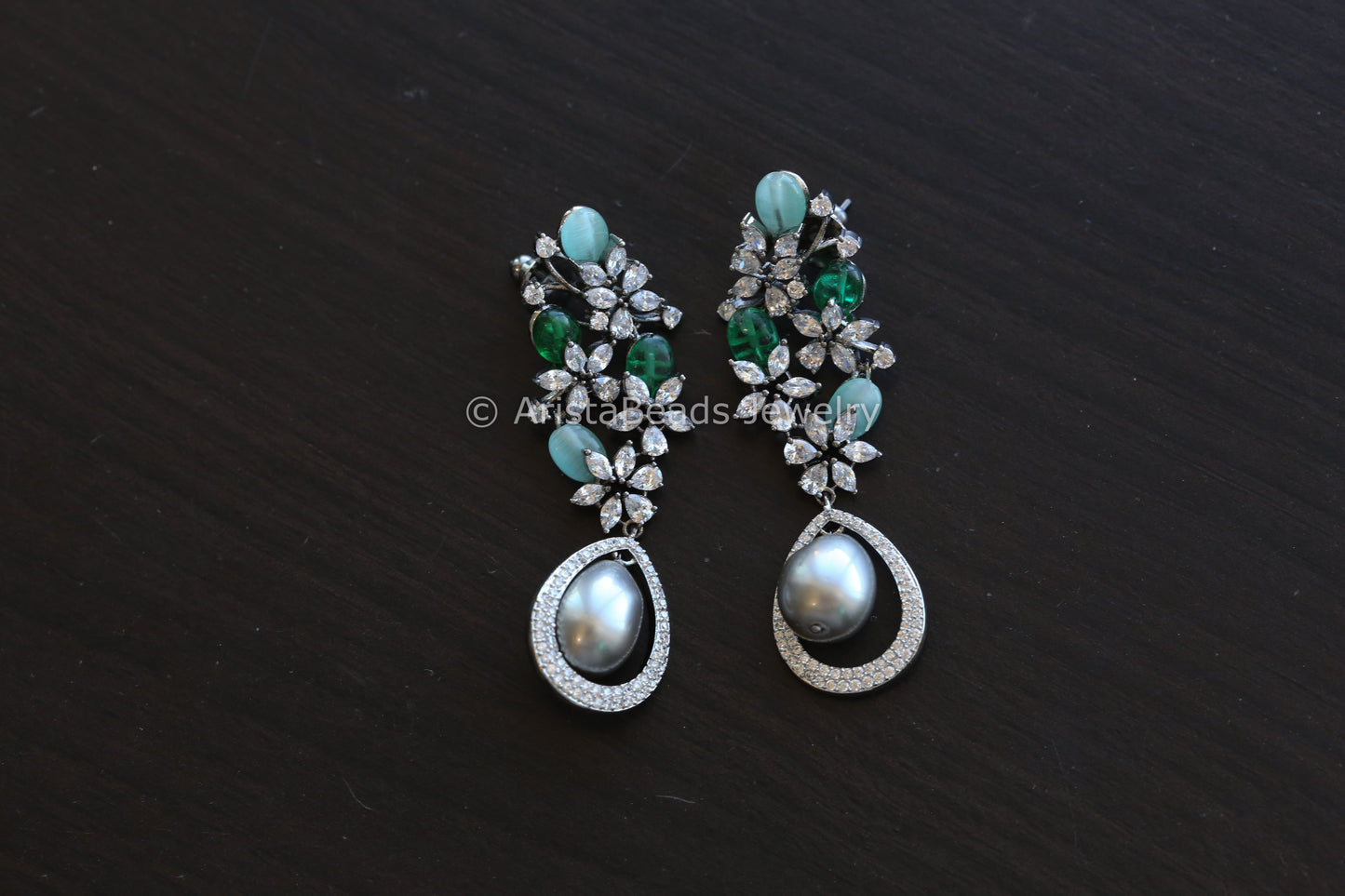 Contemporary CZ & Real Pearl Earrings- Green