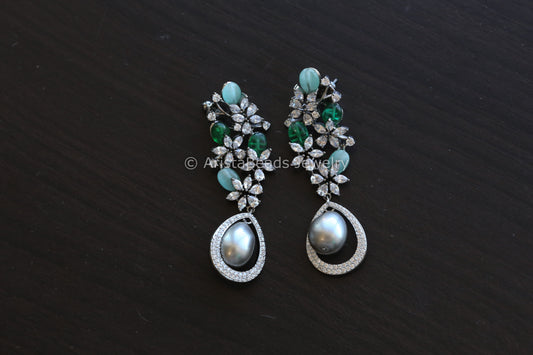 Contemporary CZ & Real Pearl Earrings- Green