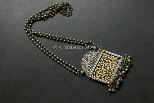 Hand Enameled Silver Look Necklace - Black