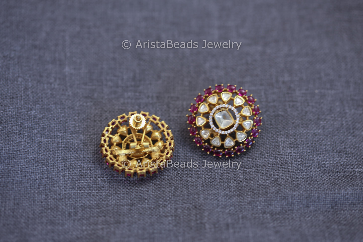 Real Moissanite & Pota Stones Studs - Red