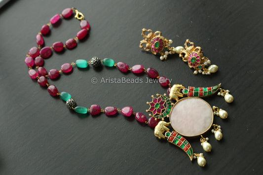 Fusion Jadau Kundan Necklace -Rose Quartz