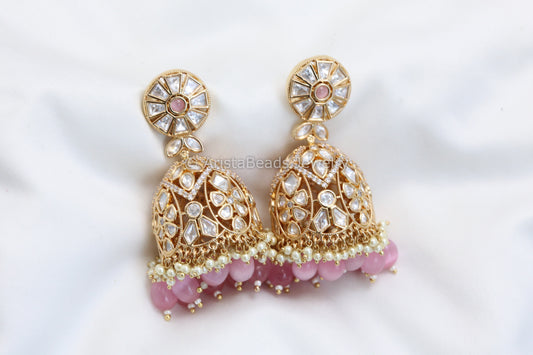 Clear Moissanite Look Polki Jhumka - Pink