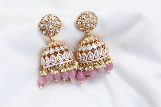 Enamel & Moissanite Look Polki Jhumka - Pink
