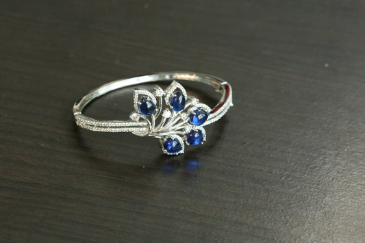 Silver Finish CZ Bangle Bracelet - Blue (Openable)