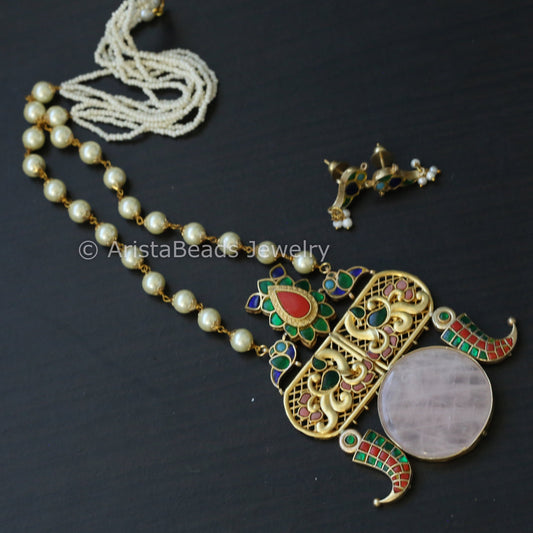 Jadau Kundan Fusion Necklace Set - Rose Quartz