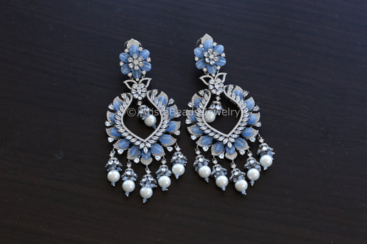 Large Contemporary CZ Silver Finish Earrings - Blue