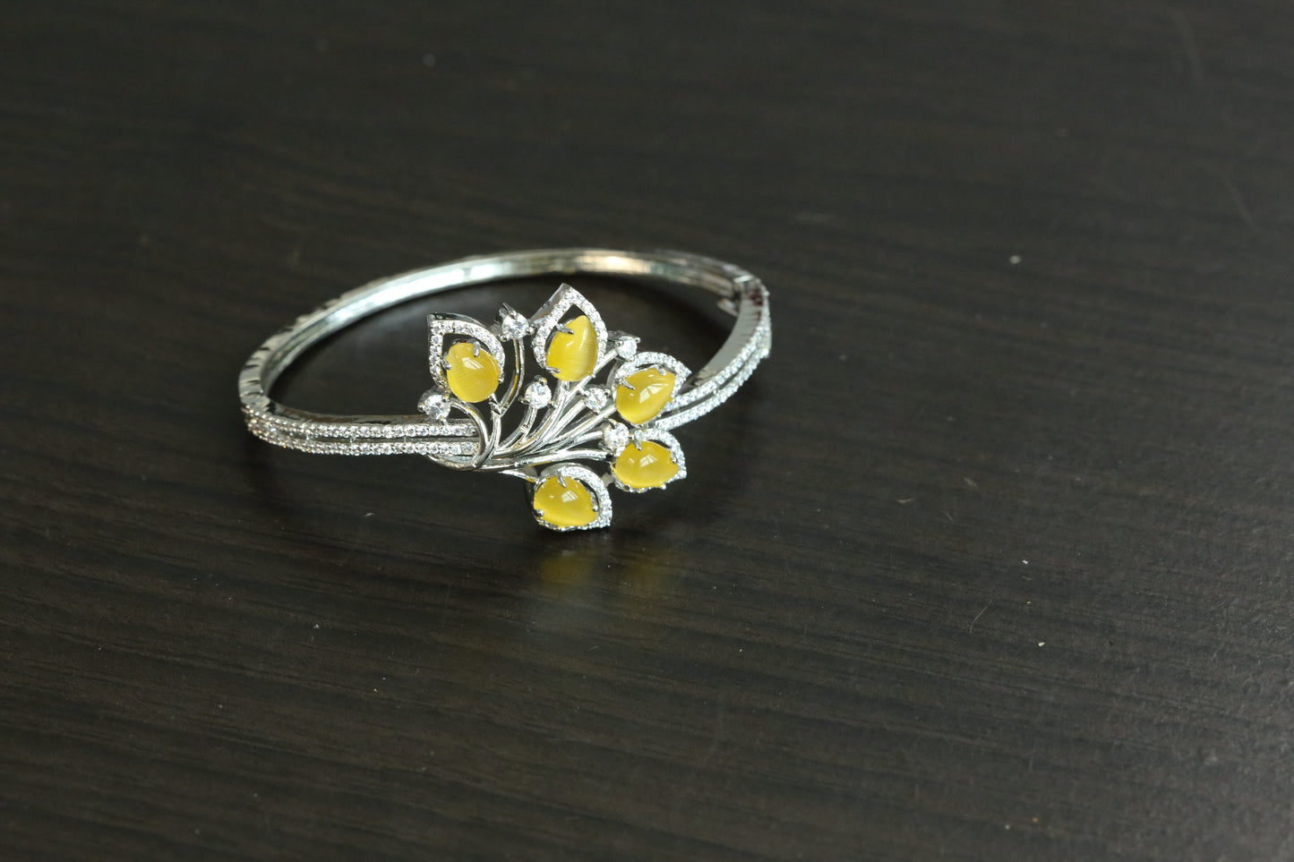 Silver Finish CZ Bangle Bracelet - Yellow (Openable)